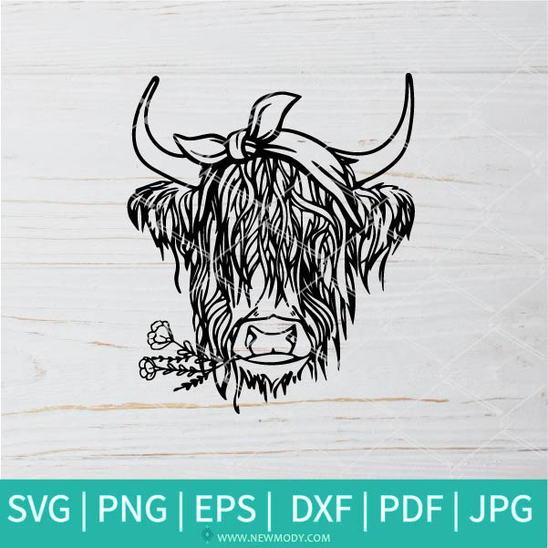 Highland Cow With Bandana Outline SVG - Heifer SVG - Cow With Bandana SVG - Cow Face SVG -Cow head bandana SVG