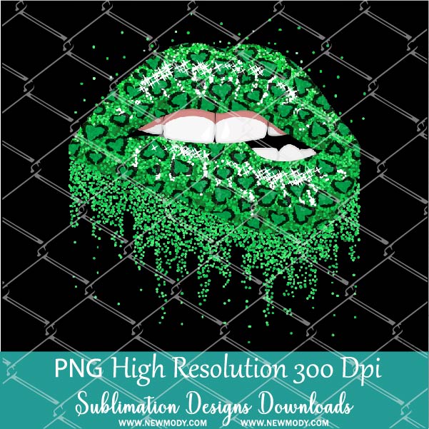 St. Patrick's day Green leopard Hearts Glitter Dripping Lips PNG Sublimation Design