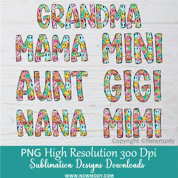 Retro Smiley Family PNG for Sublimation | Mama, Mini, Grandma, Nana, Aunt, Mimi, Gigi Retro groovy smiley face Png