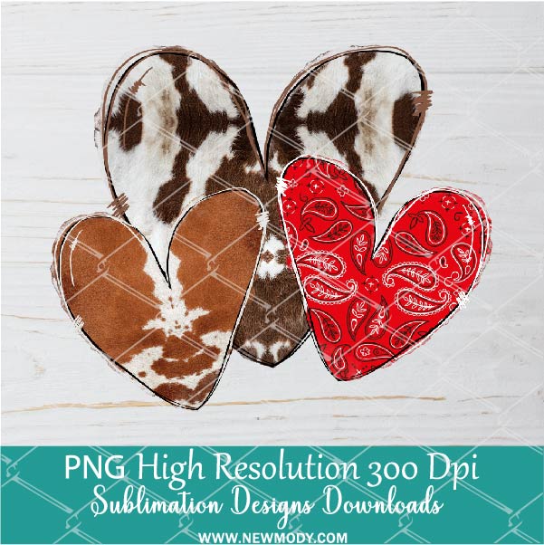 Western Cowhide Hearts Png, Valentine Png For Sublimation & DTF T-Shirt Design Digital Download