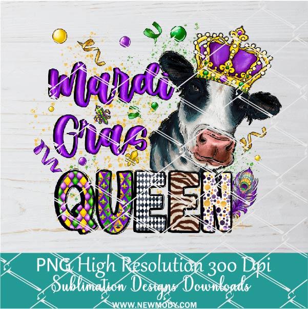 Mardi Gras Queen Cow Png, Mardi Gras Png For Sublimation & DTF T-Shirt Design Digital Download