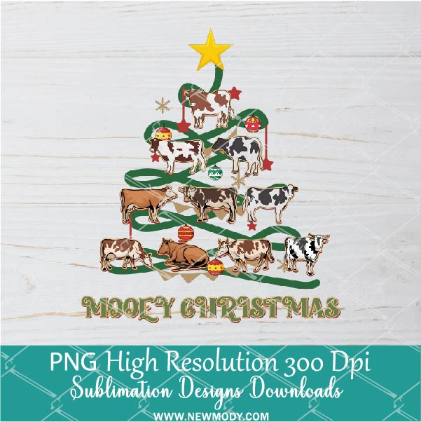Mooey Christmas Tree Cow Png, Merry Christmas For Sublimation & DTF T-Shirt Design Digital Download
