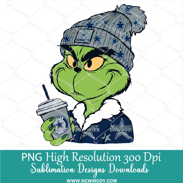 Cowboys Grinch PNG, Grinch Holding Dallas Cowboys NFL Cup Png for Sublimation &amp; DTF T-Shirt Design Digital Download