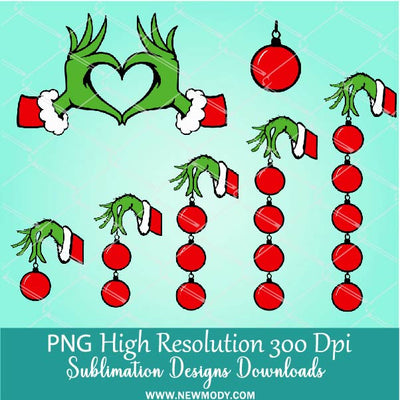 Grinch Hands Heart Balls ornaments PNG Bundle, Matching Christmas Family PNG Sublimation, Grinch Hand holding Ornament, Add your own kids name