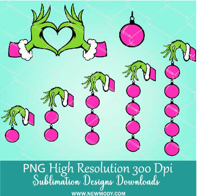 Pink Grinch Hands Heart Balls ornaments PNG Bundle, Matching Christmas Family PNG Sublimation, Grinch Hand holding Ornament, Add your own kids name