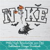 Nike Halloween Skeleton PNG, Nike with spider web, Bats, Witch and a skeleton holding pumpkin Sublimation PNG