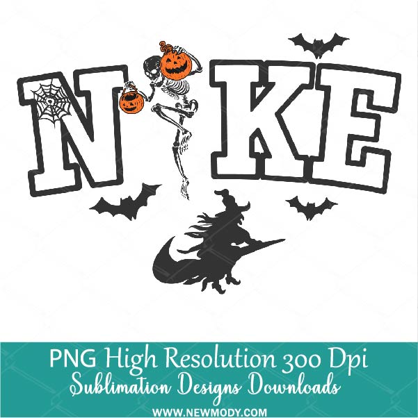 Nike Halloween Skeleton PNG, Nike with spider web, Bats, Witch and a skeleton holding pumpkin Sublimation PNG