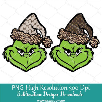 Grinch Face with LV and Gucci Hat PNG, Cute Fashion Grinchy Girl Sublimation Design Download