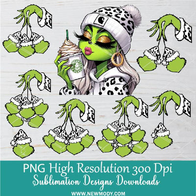Grinch Girl White leopard Kids PNG Bundle, Hand Drawn Cute Grinch mom with kids Grandkids Faces Clipart PNG for Sublimation
