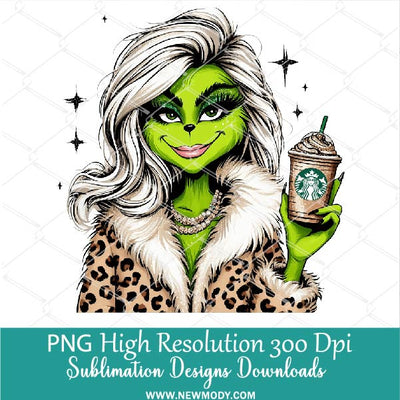 Grinch Bougie Girl PNG Bundle, Hand Drawn Cute and Funny Leopard Pink Grinchy Girls Clipart PNG for Sublimation