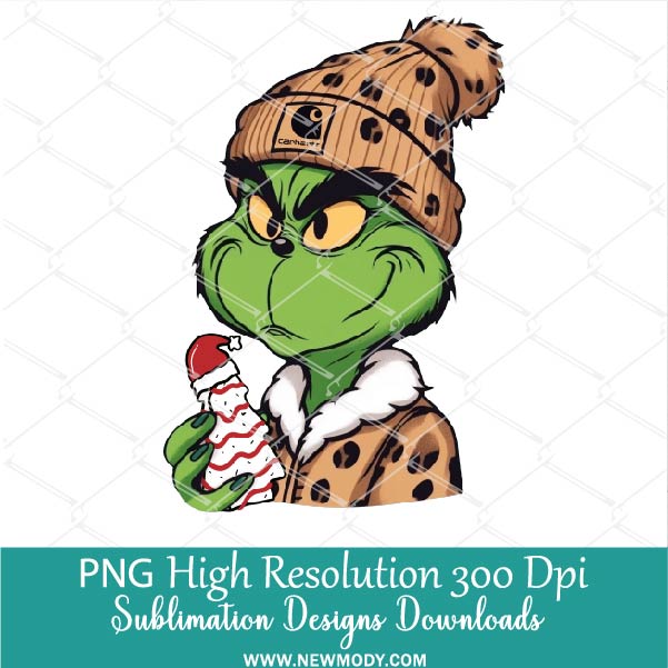 Bougie Grinch PNG, Funny Leopard Grinch Holding Christmas tree cake Png for Sublimation &amp; DTF T-Shirt Design Digital Download