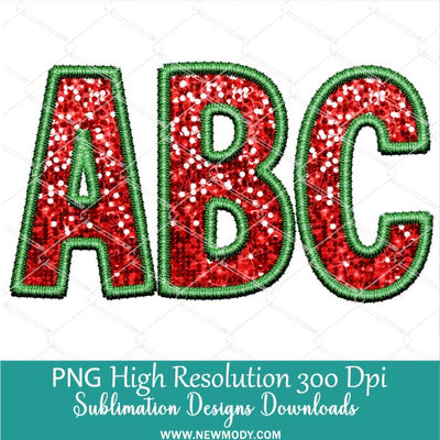 Christmas Faux Embroidery Sequin Alphabet Letters PNG Clipart, Xmas Green Red Glitter Sequins Alpha Set