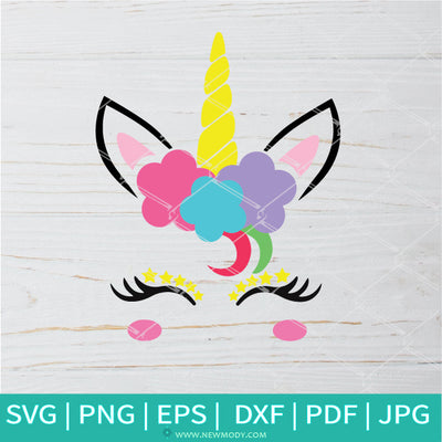 Unicorn Head With Flowers And Stars - Cute  Unicorn Face SVG  -Unicorn SVG - Newmody