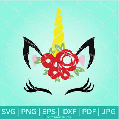 Unicorn Head With Roses SVG - Cute Unicorn SVG -Unciorn Face With Flowers - Newmody