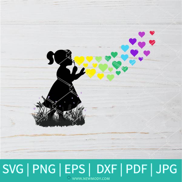 Little Girl Blowing Rainbow Hearts SVG - Window decal - Blowing bubbles - Newmody