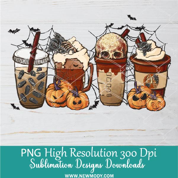 6 Halloween Coffee Cup PNG Sublimation Bundle | Spooky Halloween Fall Cups PNG Clipart