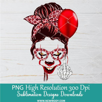 Halloween Pennywise Scary Messy Bun PNG - Horror Mom Life With red leopard glasses and red balloon Sublimation PNG Clipart