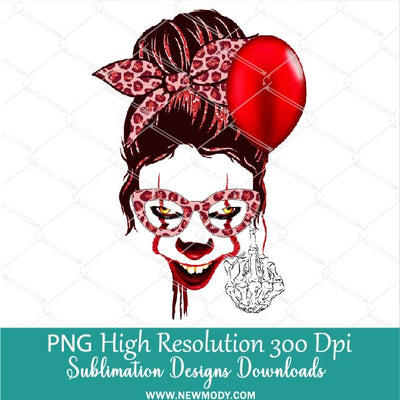 Halloween Pennywise Scary Messy Bun PNG - Horror Mom Life With red leopard glasses and red balloon Sublimation PNG Clipart