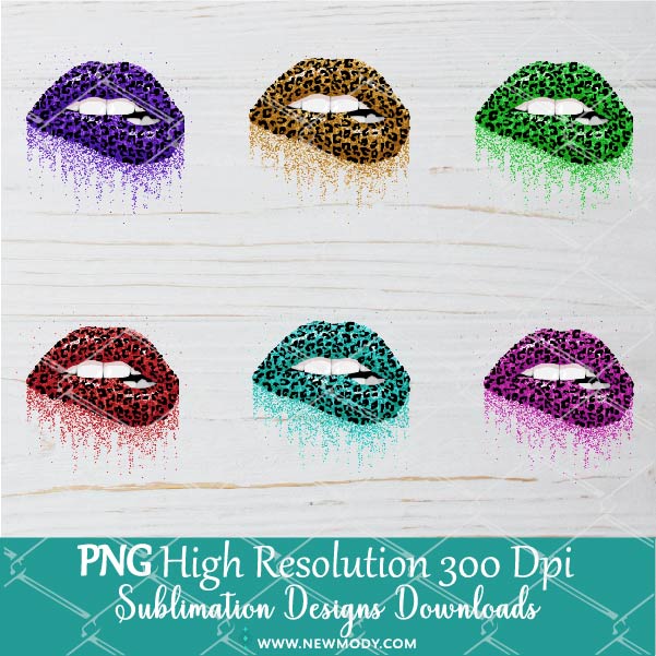 Glitter Dripping Cheetah Print Lips Sublimation PNG Bundle