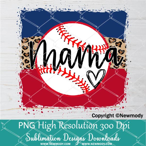 Baseball mama PNG | Heart Leopard baseball sublimation designs Hand Drawn PNG