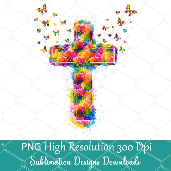 Colorful Watercolor Cross PNG sublimation- Rainbow Watercolor Cross PNG