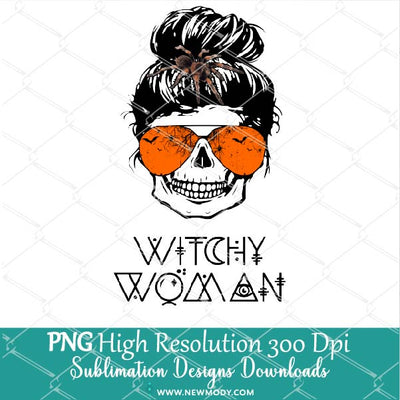 Witchy Woman PNG Sublimation Design- Skull bun hair with Spider- Messy bun skull Png - Newmody