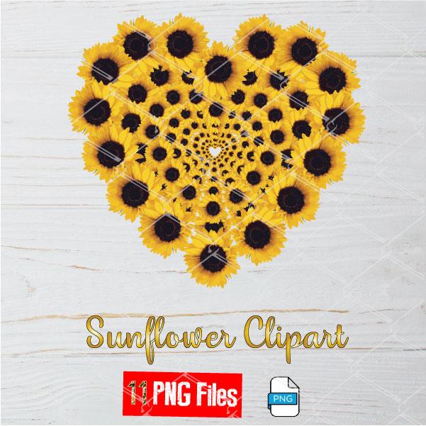 Sunflower Clipart Bundle - Set of Sunflower PNG - Sunflower Heart Clipart